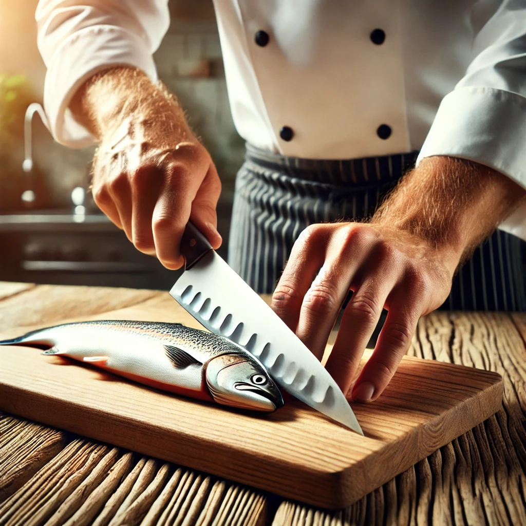 A high-quality, realistic image of a professional chef or an angler using a fillet knife on a wooden cutting board, with a focus on the precision and