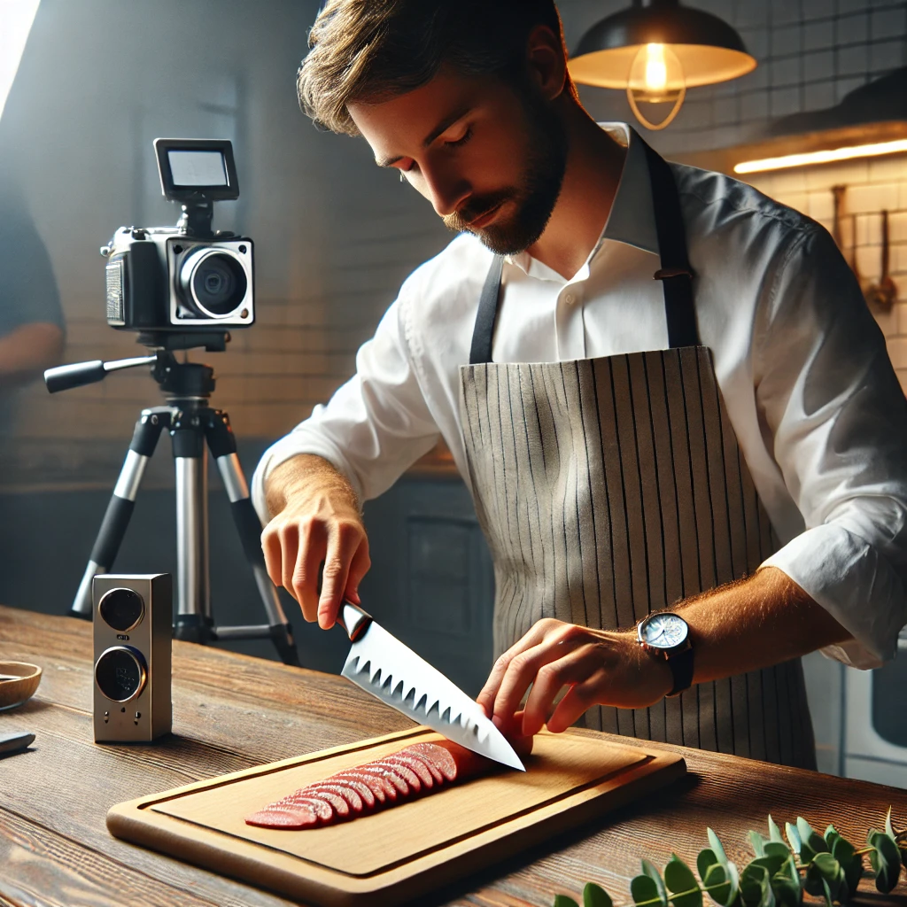 A-high-quality-realistic-image-of-a-professional-reviewer-or-team-member-testing-a-fillet-knife-on-a-cutting-board.-The-scene-should-include-good-lig