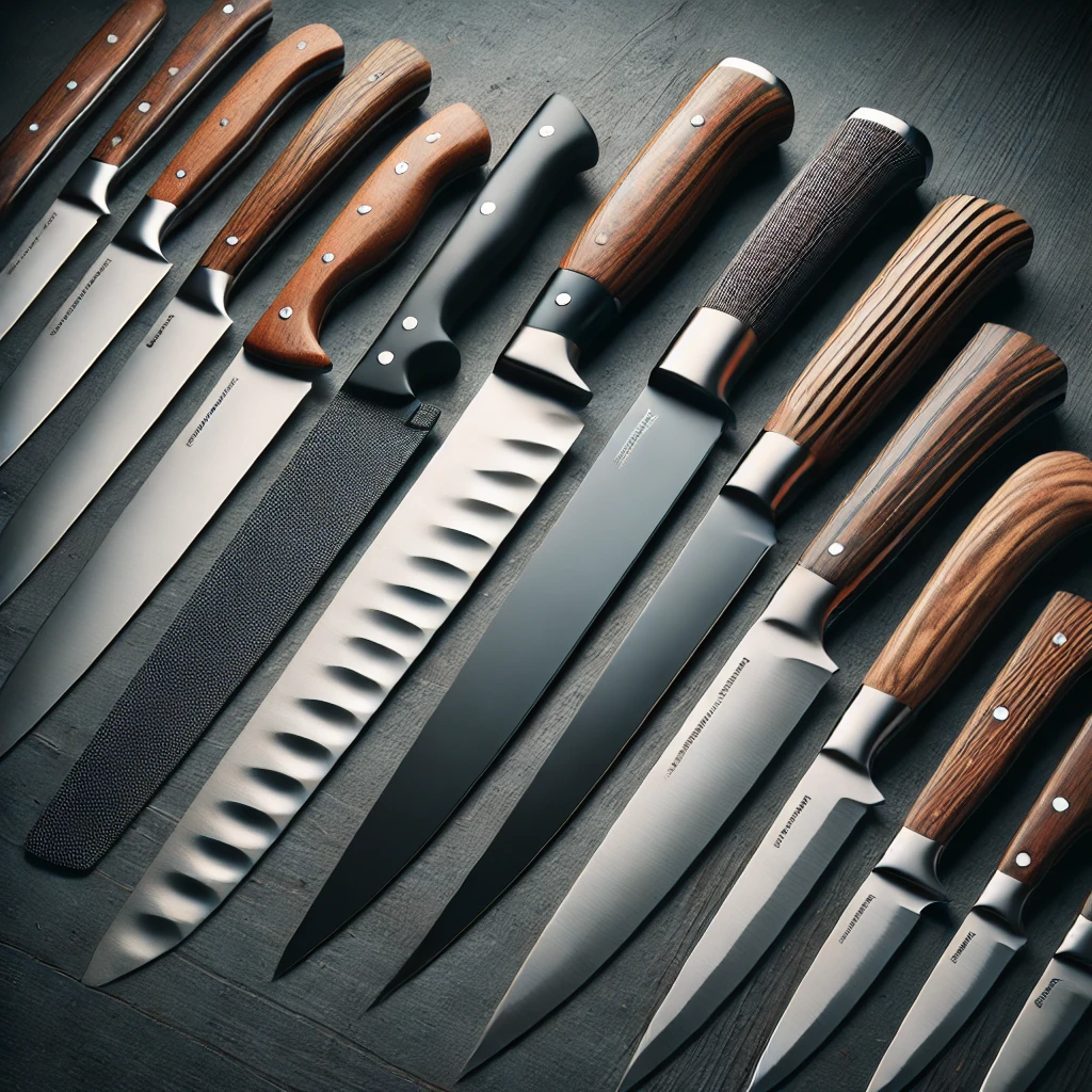 A high-quality, realistic image of various types of fillet knives arranged aesthetically on a dark wooden surface. The knives should include different